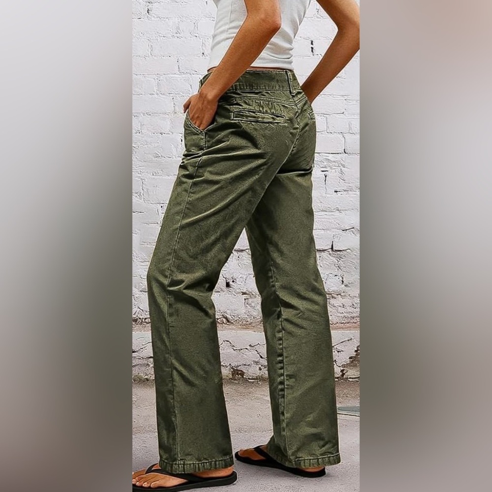Flamingals Solid Seam Front Mid Rise Straight Leg Jeans Olive Green Small NWT - Picture 5 of 8